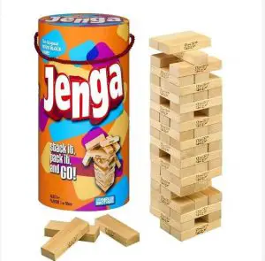Jenga Game Wooden Blocks Stacking Tumbling Tower by Hasbro — with the original tube-shaped box